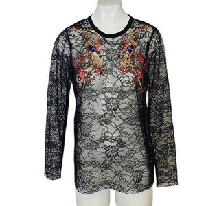 Sandro Paris Womens Lace Sheer Embroidered Long Sleeve Blouse, Open Back, 1/US S